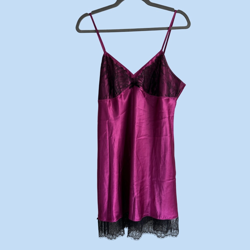 Ambrielle Magenta Satin Slip Dress Black Lace Nightgown Large Y2K Coquette